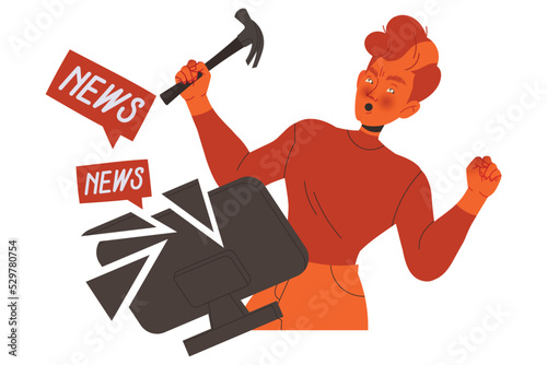 Stressed Man Character with Hammer Breaking Television to Pieces Feeling Anger and Resentment Vector Illustration