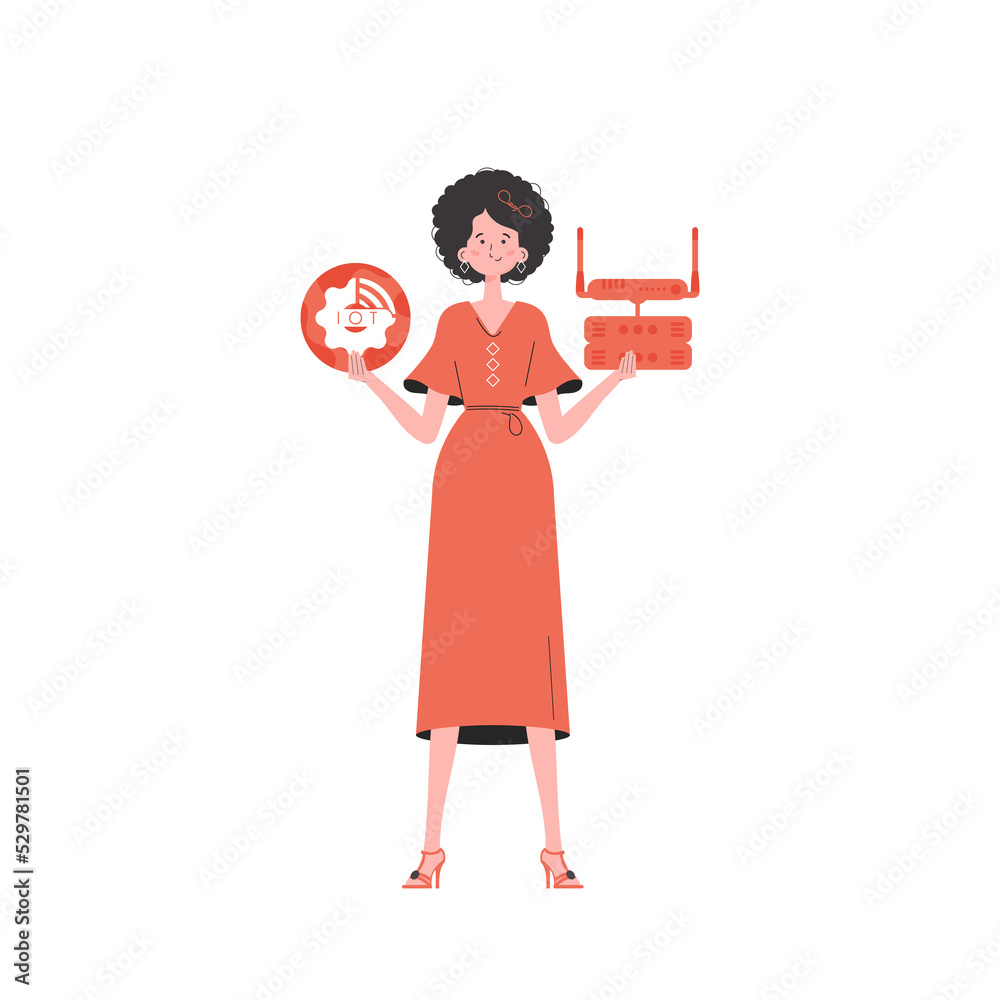 A woman is holding an internet thing icon in her hands. Router and server. Internet of things concept. in trendy flat style. A woman is holding an internet thing icon in her hands. Router and server. Internet of things concept. in trendy flat style.