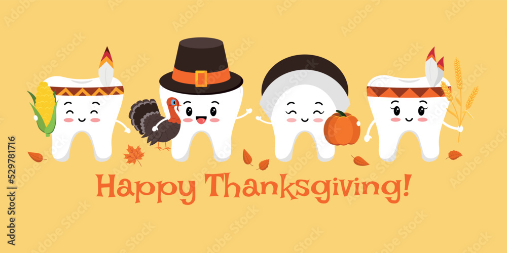 Thanksgiving happy teeth on dentist card. Cute tooth in pilgrim hat with pumpkin and turkey in hand and in indian feather headband with corn and wheat ear. Flat design cartoon vector illustration.  