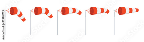 Windsock wind speed and direction chart vector illustration. Orange and white stripe wind cone on pole for airport ground wind force and speed indication. Flat design cartoon style illustration.