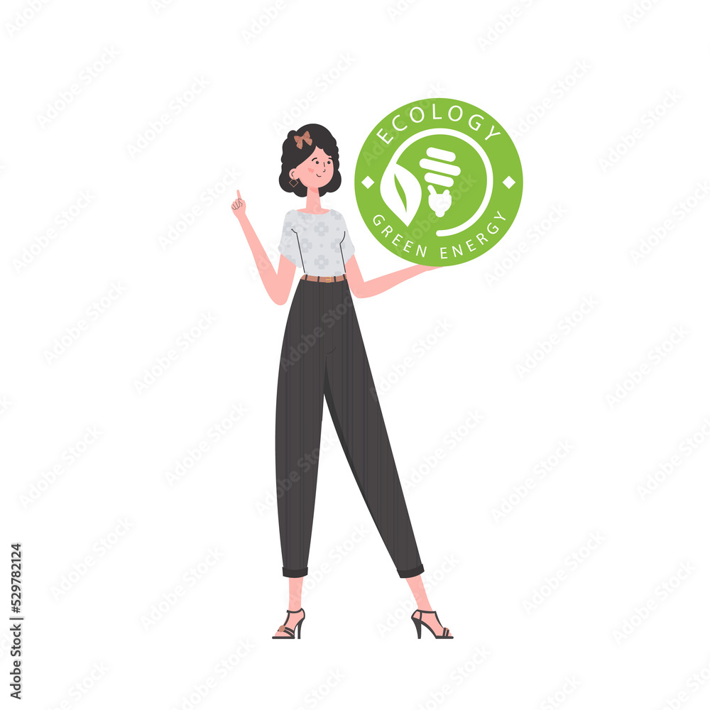 The girl holds the ECO logo in her hands. The character is depicted in full growth. The concept of ecology and green energy.   Vector trend illustration.