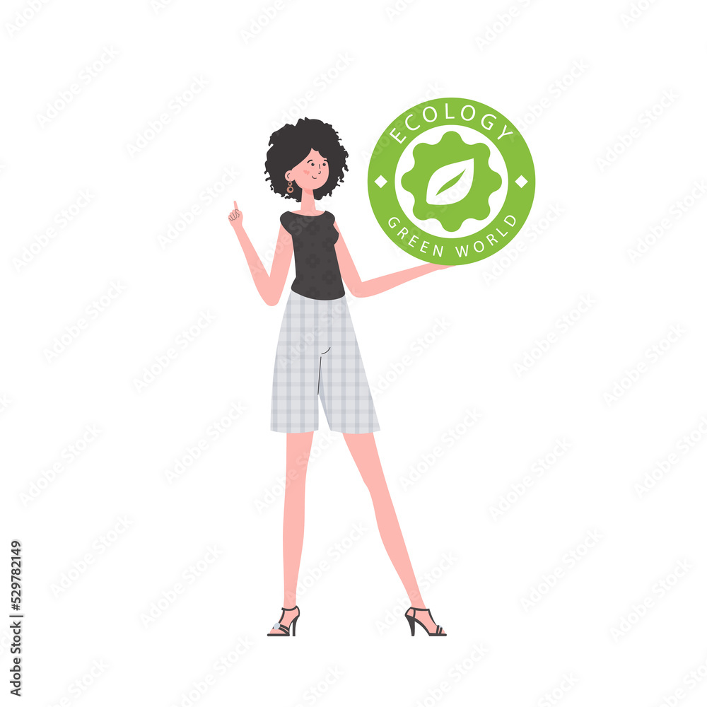 The girl holds the ECO logo in her hands. The character is depicted in full growth. The concept of green energy and ecology. Vector trend illustration. The girl holds the ECO logo in her hands. The character is depicted in full growth. The concept of green energy and ecology. Vector trend illustration.