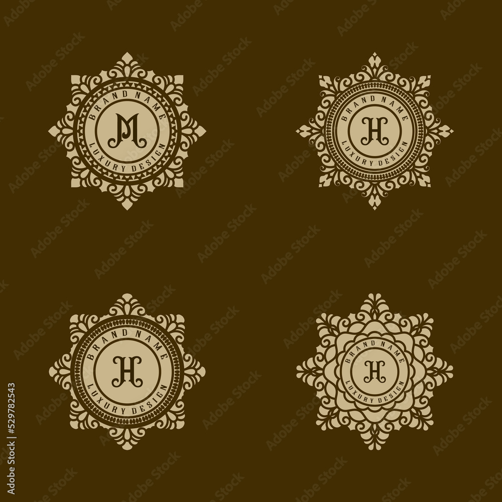 Fototapeta premium classic monogram logo set. floral leaf engraving illustration themes, ornament lines for clothing stores, jewelry, hotels, jewelry signs, product stickers and more