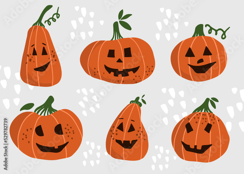 Cute hand drawn helloween pumpkins. Helloween pumpkins vector icons big set. Vector illustration for icon, logo, print, icon, card, emblem, label