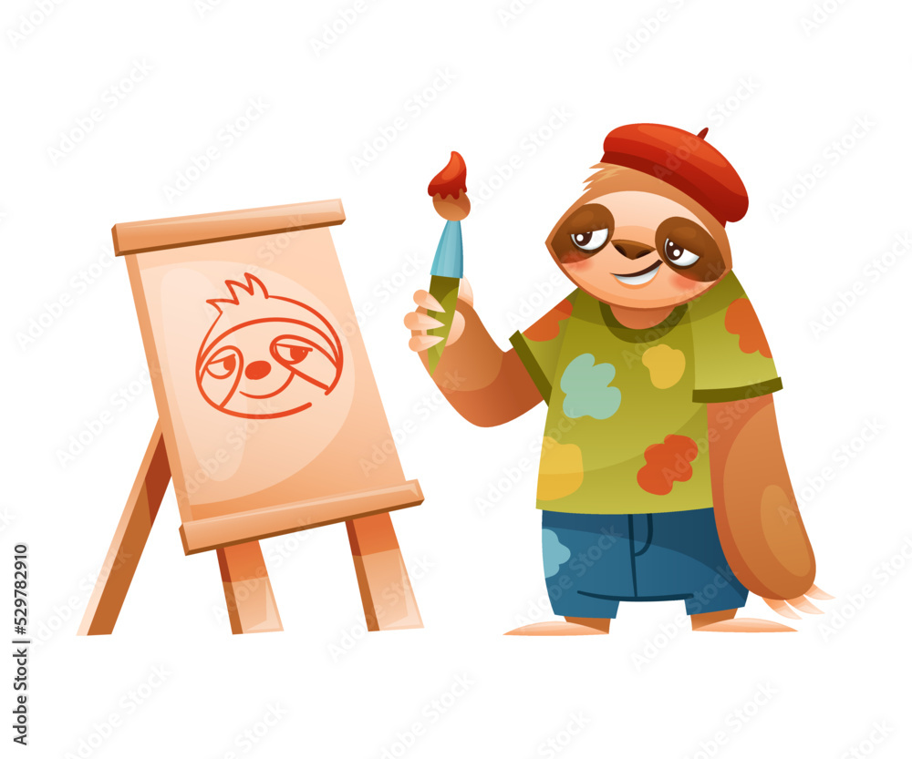 Fototapeta premium Funny Sloth Mammal as Artist Painting Picture with Drawing Easel and Brush Wearing Beret Vector Illustration