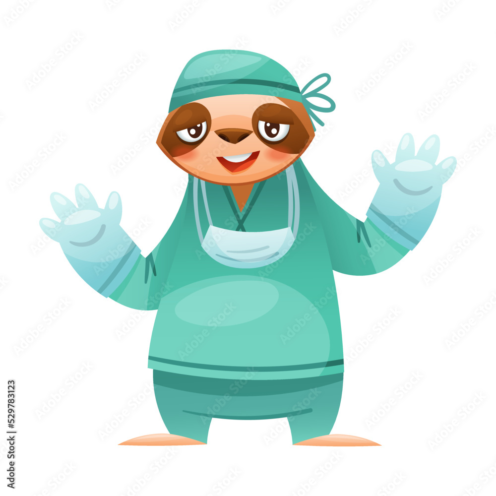 Fototapeta premium Funny Sloth Mammal as Surgeon in Gloves with Mask Ready for Medical Operation Vector Illustration