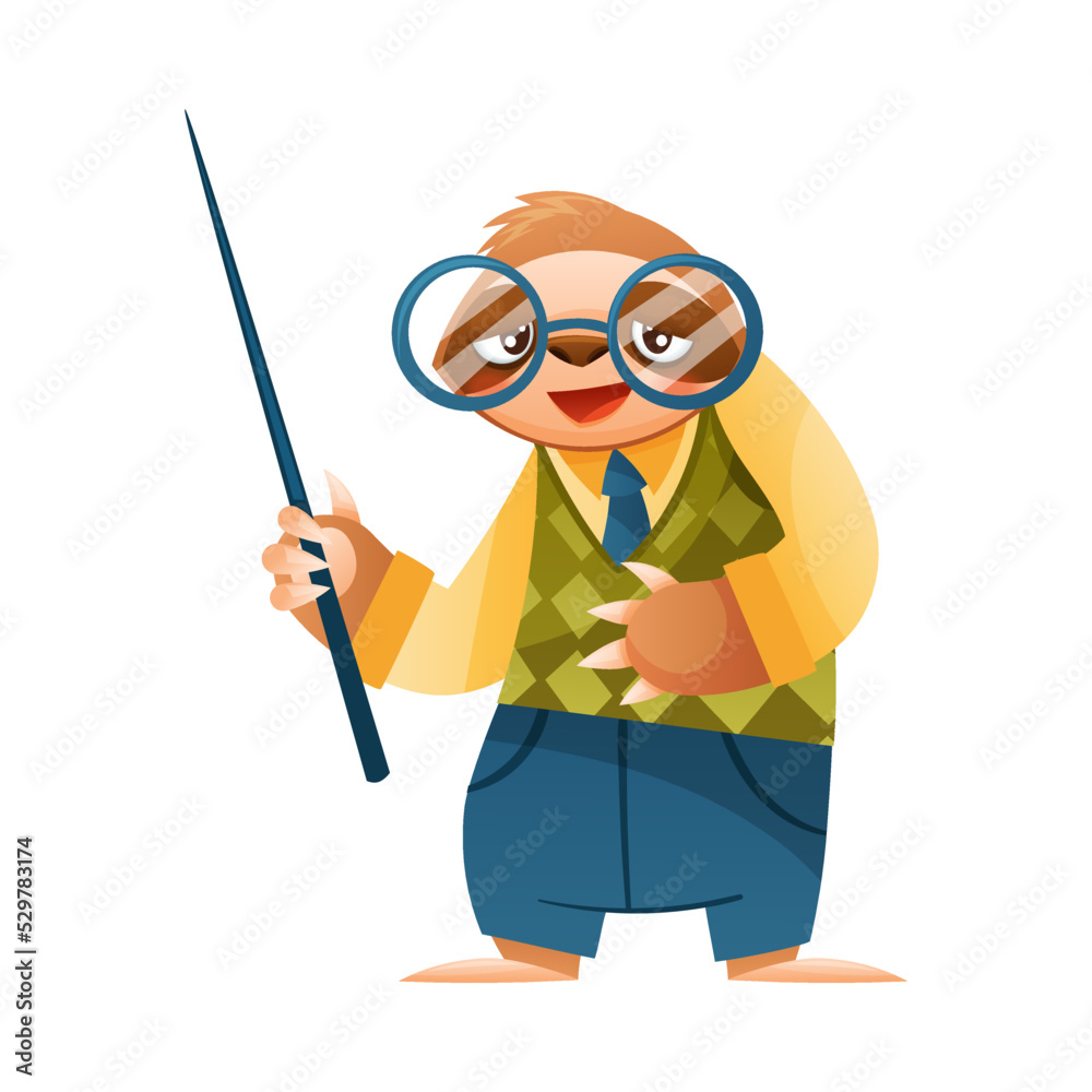 Fototapeta premium Funny Sloth Mammal as Teacher Wearing Glasses Holding Pointer Vector Illustration
