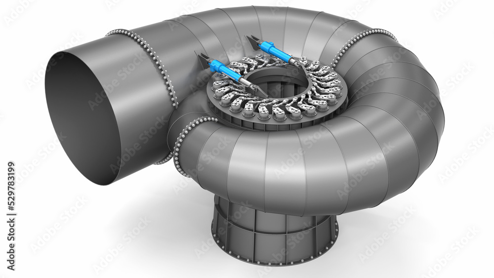 Hydro turbine on white background with spiral case and water