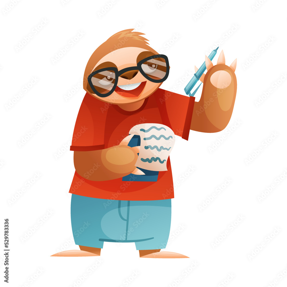 Funny Sloth Mammal as Journalist Wearing Glasses Writing Something in Notepad with Pen Vector Illustration