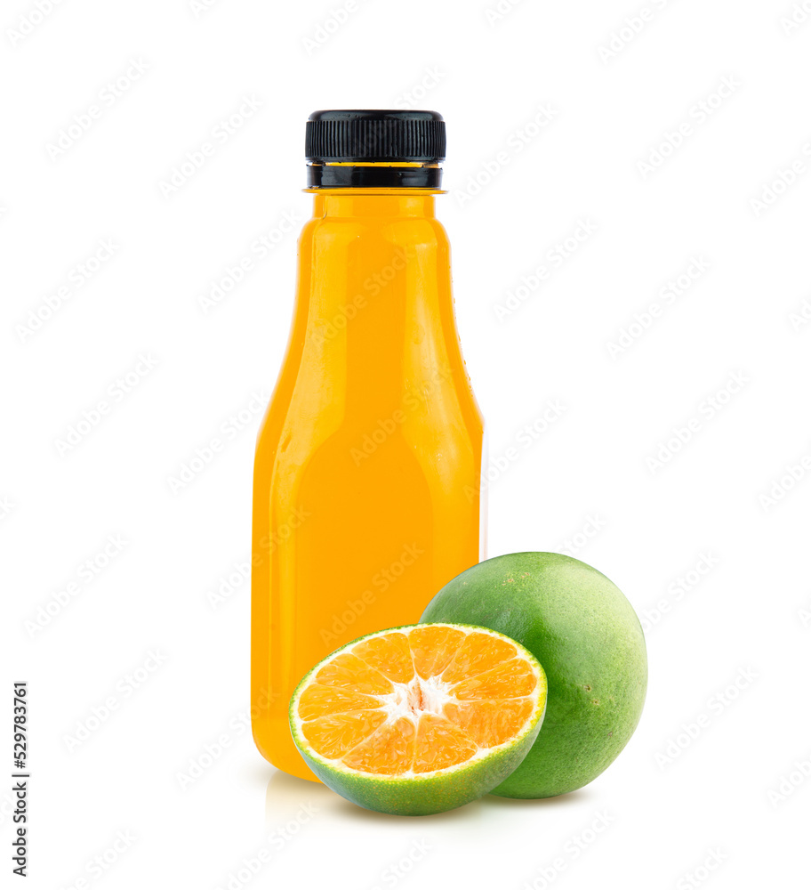 set orange with orange juice bottle in empty glass and ice