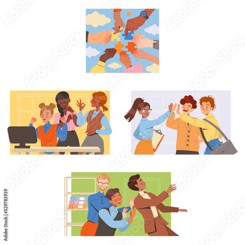 Teamwork with Business People Employee Engaged in Successful Collaboration Vector Set