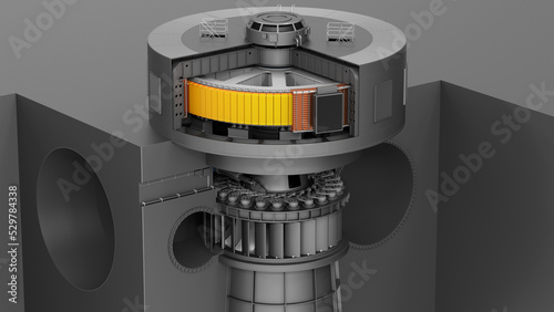 Cutaway concept of a water turbine. Rotor and stator of a power plant generator on a dark background. Scheme of the device of the hydraulic turbine and the spiral casing. 3d render photo
