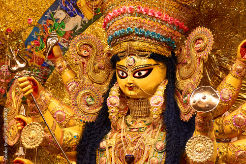Tableau sur toile Closeup of Hindu Goddess Durga inside a pandal (temporary resting place for idol) during Durga puja festival in Kolkata
