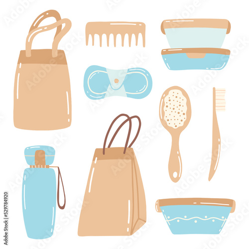 Collection of durable and reusable items or Zero Waste products - glass jars, eco-friendly grocery bags, wooden comb, toothbrush, container, thermo mug. Flat vector illustration.