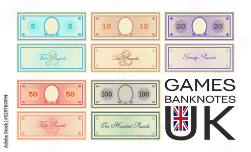 Vector fictional set of game banknotes of England, in denominations of 5, 10, 20, 50 and one hundred pounds. Ribbon with inscription, Elizabeth II