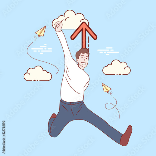happy businessman jumping on the job success. Hand drawn style vector illustrations.