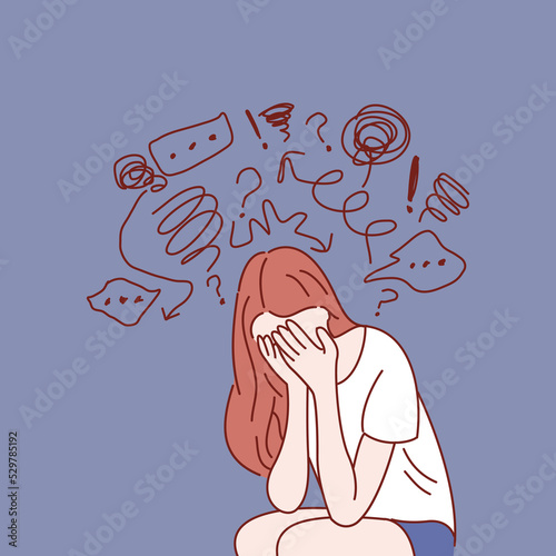 Young sad girl sitting and unhappy. Hand drawn style vector illustrations.