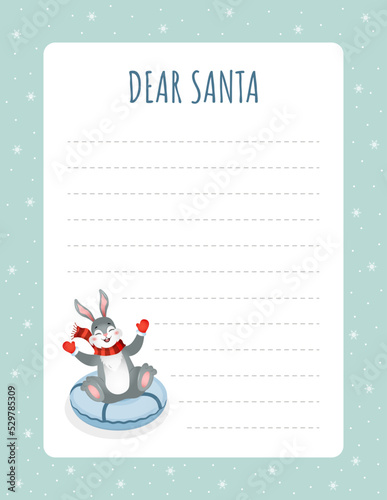 Template for letter to Santa Claus. Christmas layout with cute bunny for wish lists, greeting cards and invitations. Ornate postcard for winter holidays. Vector illustration in flat cartoon style.