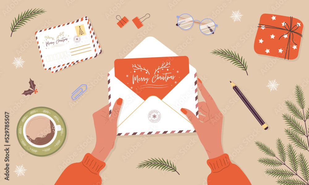 Female hands holding envelope. Woman making handmade greeting card. Sending or receiving Christmas postcard or invitation. Top view. Vector illustration in flat cartoon style. Winter holiday wishes.
