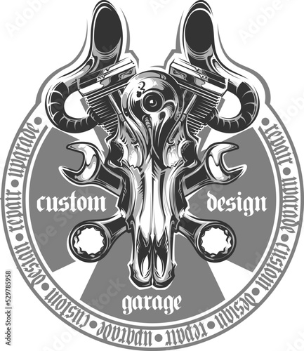 Skull with motorcycle engine