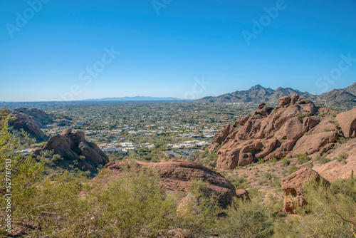 View of residential area below from the cliff on Camelback Mountain at Phoenix, Arizona