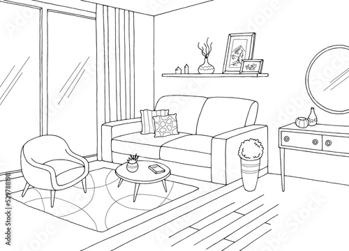 Living room graphic black white interior sketch illustration vector 