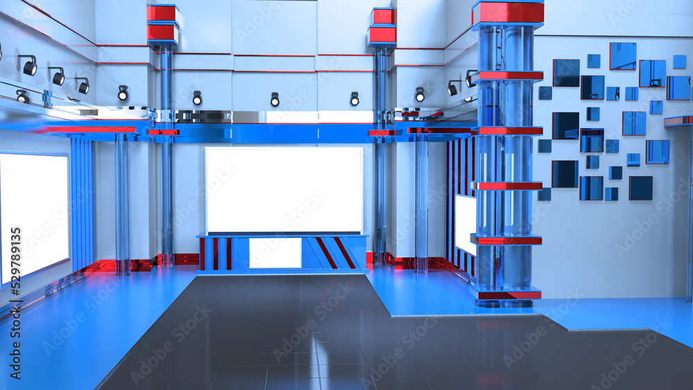 Naklejka premium 3D Virtual TV Studio News, Backdrop For TV Shows .TV On Wall.3D Virtual News Studio Background,3d illustration