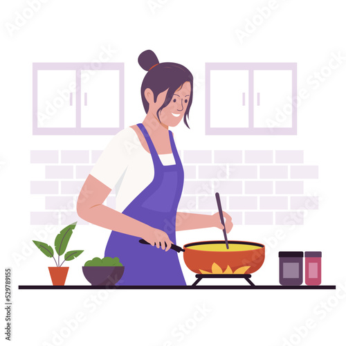 Flat design of woman cooking in kitchen. Illustration for websites, landing pages, mobile applications, posters and banners. Trendy flat vector illustration