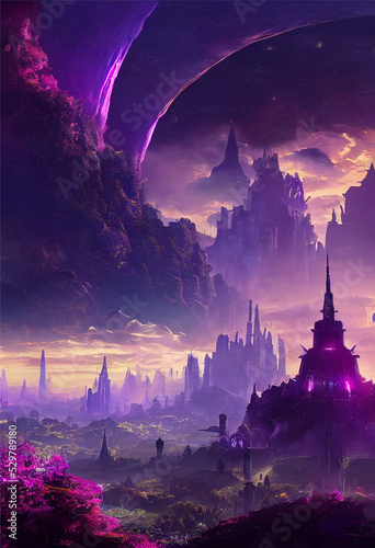 Foto The Violet Citadel in Dalarian City rising above a lush Crystal Forest, Violet light, Beautiful elaborate architecture