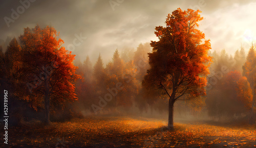 Dunstige Herbstlandschaft mit herbstlich rötlichen Bäumen und fallenden Blättern auf der Straße