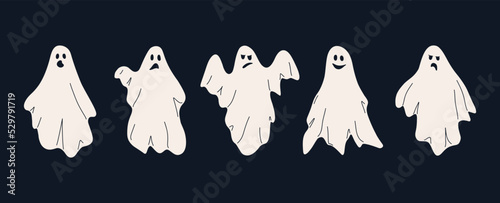 Abstract ghosts. Halloween doodle flying ghostly monsters with funny faces. Cute spooky cartoon characters. Holiday vector flat set