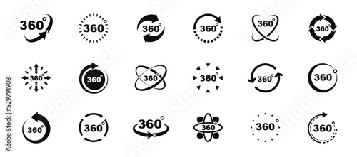 360 degrees view icon set. Signs virtual reality, panoramas and 360 degrees rotating. Icons with arrows and circles indicating turn 360 degree view. Vector illustration.