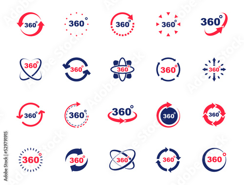 360 degrees view icon set. Signs virtual reality, panoramas and 360 degrees rotating. Icons with arrows and circles indicating turn 360 degree view. Vector illustration.