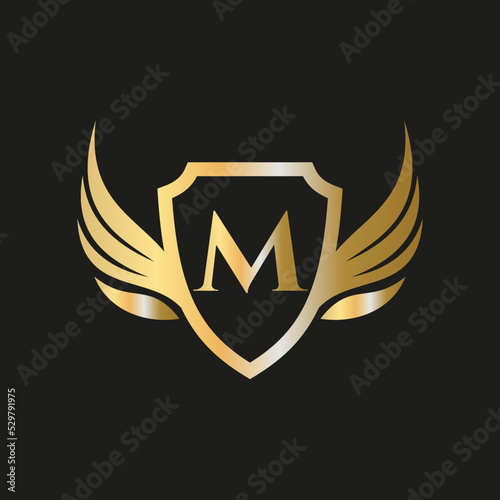 Initial Wing Logo On Letter M Alphabet For Transportation Logo Symbol