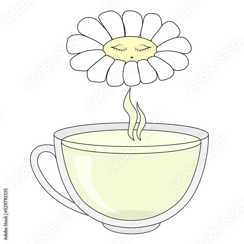 Cute cartoon chamomile flower. Soothing green tea cup.