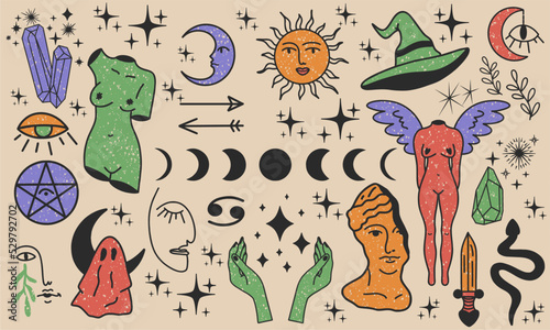 Mystical magical boho elements. Witching sticker set. Esoteric sketch for a tattoo. Moon, sun, symbols, body, Venus, angel, witch hat, snake, crystals, dagger and more.