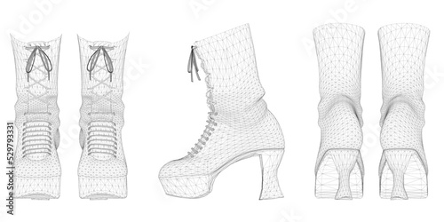Wireframe of women's shoes with high heels from black lines isolated on white background. Front, side, back view. 3D. Vector illustration.