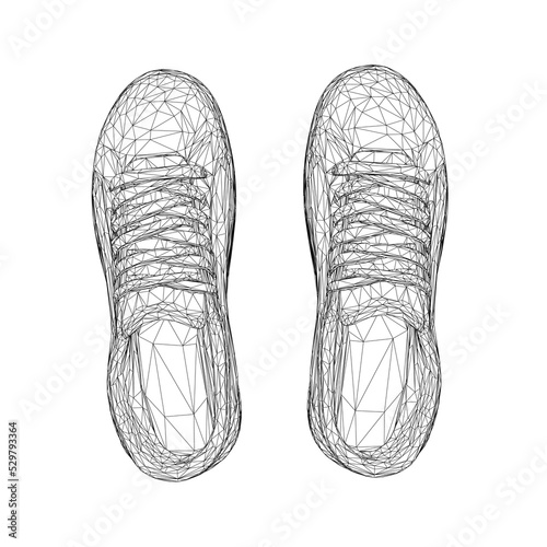 Wireframe of sports sneakers from black lines isolated on white background. View from above. 3D. Vector illustration.
