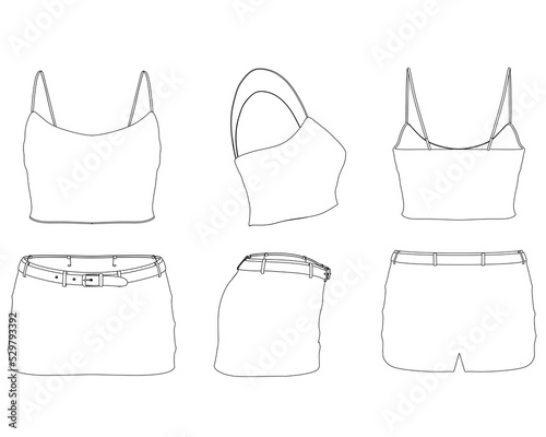 Set with contours of a women's top with a short skirt from black lines isolated on a white background. Front, side, back view. Vector illustration.