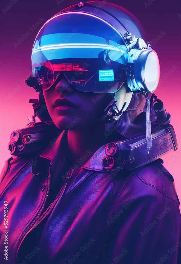 Portrait of a fictional futuristic female pilot in an aviation helmet ...