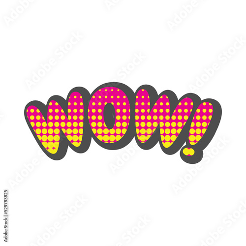 Wow! 3d letters with halftone vector. Wow lettering colorful pop art.