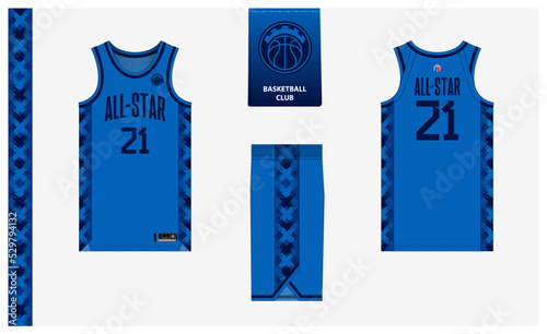Basketball uniform mockup template design for basketball club. Basketball jersey, basketball shorts in front and back view. Basketball logo design.