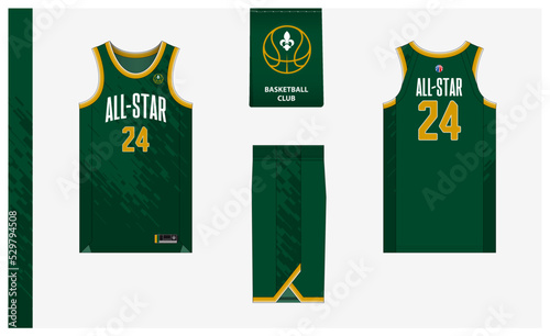 Basketball uniform mockup template design for basketball club. Basketball jersey, basketball shorts in front and back view. Basketball logo design.
