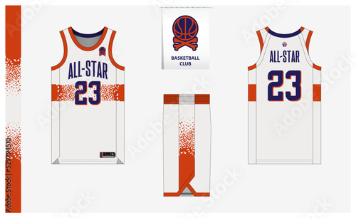 Basketball uniform mockup template design for basketball club. Basketball jersey, basketball shorts in front and back view. Basketball logo design.