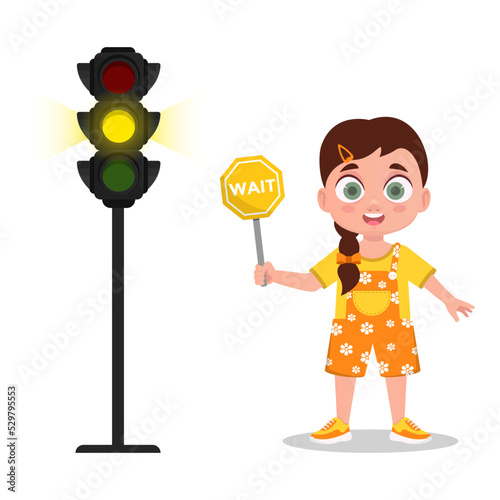 Girl with a waiting sign. The traffic light shows a yellow signal. Vector illustration