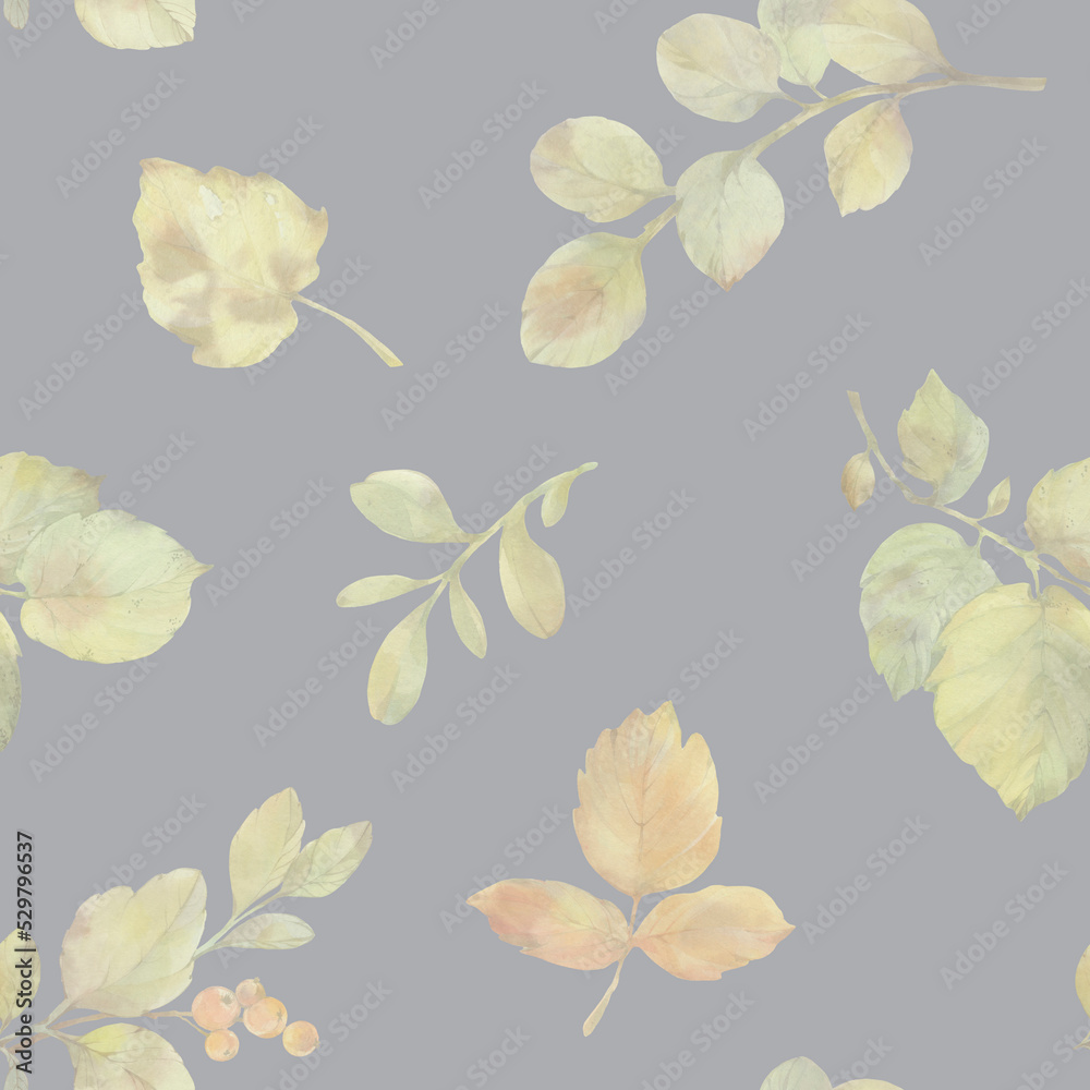 tender autumn leaves isolated on a light gray background, collected in a seamless pattern