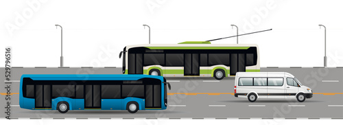 Road traffic on the highway. Public urban transport for transporting people. Trolleybus, electric bus, minibus.