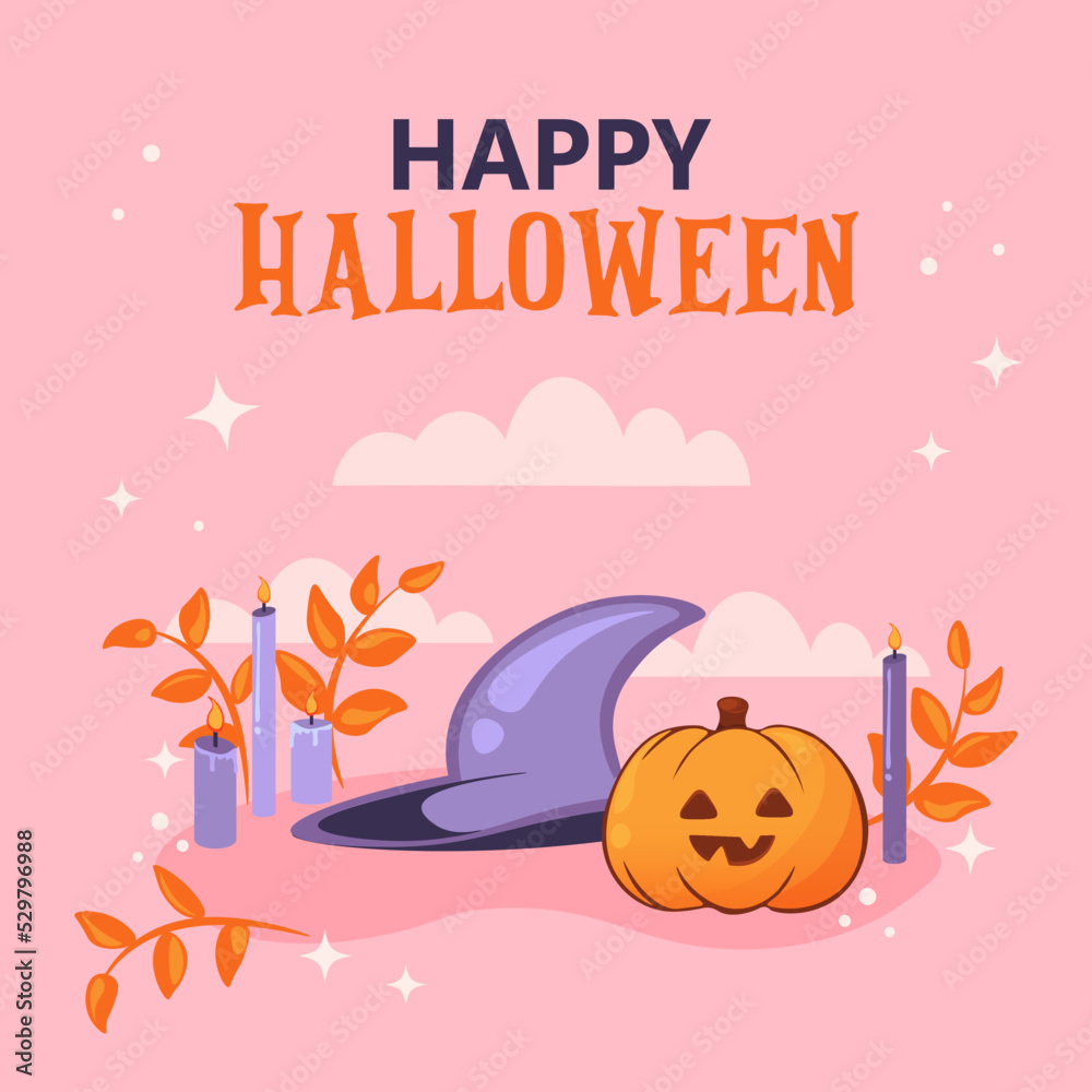 Halloween background. Cute Halloween pumpkin. Pink Happy Halloween holiday greeting postcard. Orange pumpkin with cut scary good joy smile, witch hat and candles for your postcard, poster, or stickers