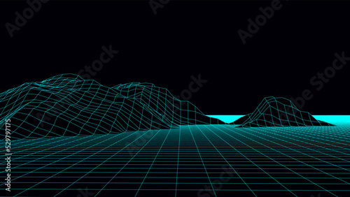 Technology perspective grid with mountain landscape background. Vector digital space wireframe landscape. Mesh on a black background