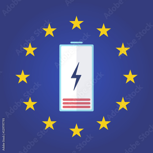 The concept of the energy crisis in Europe. A battery with a dead battery and a lightning bolt icon on it on a blue background with the stars of the European Union. Termination of the supply of